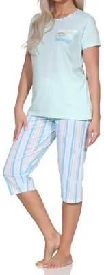 Produktbild von Normann Damen kurzarm Schlafanzug Shorty mit Capri Pyjamahose in Streifenoptik ; türkis , 44