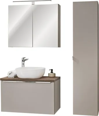 Image de Ensemble VANTA taupe : meuble sous vasque 80cm + vasque à poser + meubles de rangement + miroir + LED