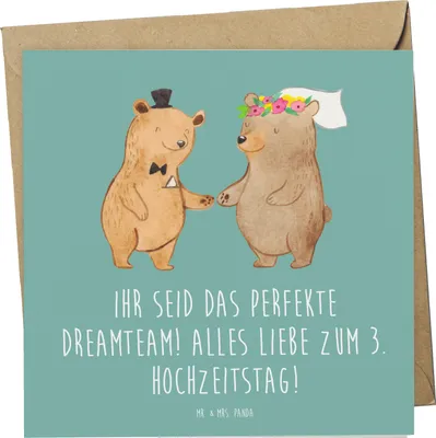 Produktbild von Mr. & Mrs. Panda Grußkarte 3. Hochzeitstag Lederhochzeit Dreamteam - Meeresbrise - Geschenk, anlasskarte, Erinnerungen, Glückwunschkarte, doppelkarte, Heirat, Hingabe