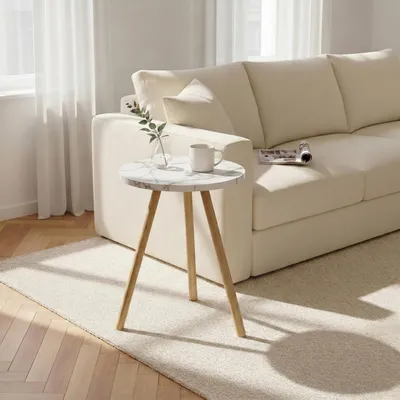 Produktbild von Carenza Home Beistelltisch Rund Creme Marmor Optik Dreibein Holzbeine Ø34x45cm Sofatisch Couchtisch Nachttisch