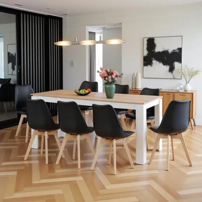 Produktbild von Essgruppe 160cm Eiche-Weiß Tisch mit 8 schwarzen Stühlen
