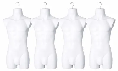 Produktbild von 4er Set Torso männlich -  Herrentorso lebensecht aus Kunststoff - Oberkörper Halbplastik in Farbe Weiß - Mannequin Büste - Halbschale Herrenbody - Schaufensterpuppe mit Haken - 4 Stück Dekotorso