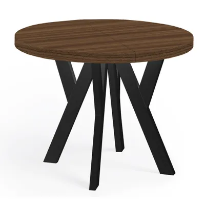 A round dining table with a wood-grain top and black metal legs, presented on a white background.