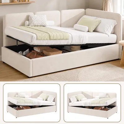 Productafbeelding van Dagbed van 90x200 cm met hydraulische opbergruimte, bekleed bed met lattenbodem, zijpanelen links/rechts monteerbaar, fluweel, beige