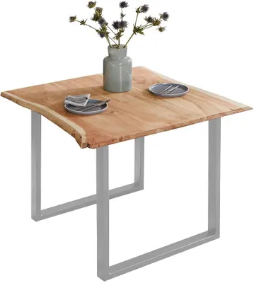 Produktbild von Esszimmertisch 80x80 cm Billy, echte Baumkante, Esstisch aus Akazienholz massiv + naturfarben, Baumkantentisch mit U-Gestell Silber