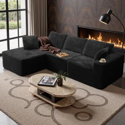 Produktbild von Hawthyhome Ecksofa L-form Modulares Cloud-Sofa aus Cord frei kombinierbar mit vier Kissen geeignet für Wohn- und Schlafzimmer Schwarz