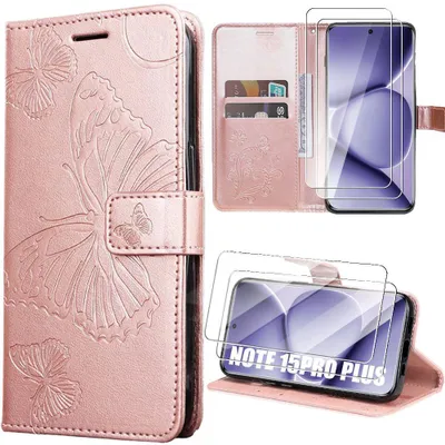 Image de Coque Synthécuir + 2 Verres Trempés pour Xiaomi Redmi Note 15 Pro Plus 5G, Antichoc Motif Papillon - Rose