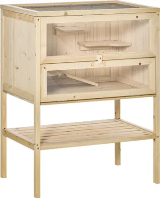Produktbild von PawHut Holzkäfig für Hamstermäuse, Spielhaus mit 5 Plattformen, Rampe, Klappdach, Kunststoffglasfenster und Bodenregal, 60 x 40 x 80 cm, Natur