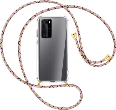 Produktbild von Handykette Backcover-Schutzhülle mit Band (Metall goldfarben) für Huawei P40 - rosa Karo