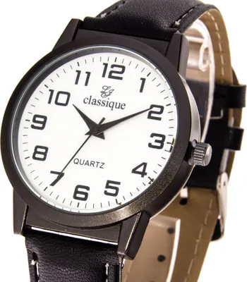 A close-up shot of a men's wristwatch with a black strap and a white face.