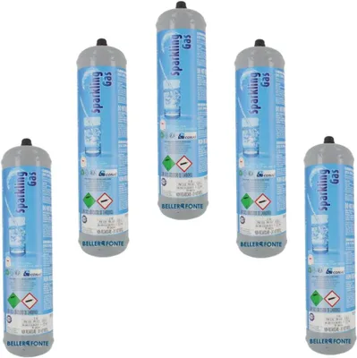 Image de 5 bouteilles de CO₂ jetables de 600 g, raccord M11x1. Conteneur en acier pour gazéificateur-distributeur alimentaire E290, destiné à gazéifier l'eau et les boissons en général