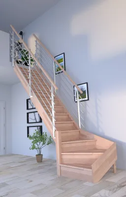 Produktbild von Holztreppe Rhodos in 1/4 gewendelter Ausführung links-Buche-Design Geländer Edelstahl-beidseitig-mit Setzstufen