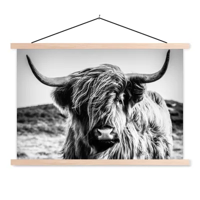 Produktbild von MuchoWow® Textilposter Schottischer Highlander - Natur - Kuh - Schwarz - Weiß 60x40 cm mit holzfarbenen Rahmen - Bilder