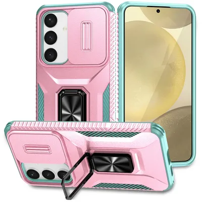 Produktbild von Handyhülle für Samsung Galaxy S25 Dual Layer Hülle mit Schiebe Kamera Schutz und Ringhalter Ständer Pink