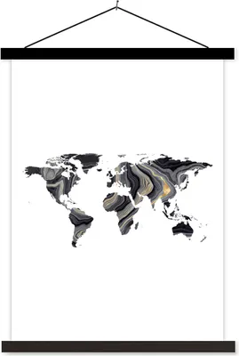 Produktbild von MuchoWow® Textilposter Weltkarte - Farbe - Schwarz 120x160 cm mit schwarzem Rahmen - Magnetischer