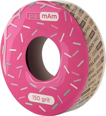 A pink donut-shaped roll of abrasive paper with sprinkles.