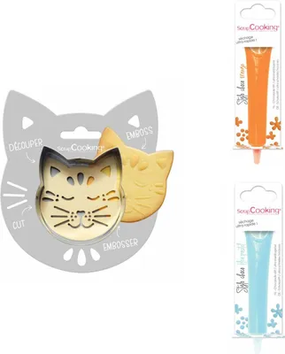 Produktbild von Kekspackung mit Katzenrelief + 2 Stifte aus pastellfarbener Schokolade in Orange und Blau