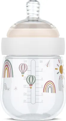 Produktbild von Mepal - Babyflasche Mio - Transparente Kappe zur Aufbewahrung - Anti-Kolik Babyflaschen - Spiralförmiges Design verhindert Verstopfungen - Medizinisches Silikon - 165 ml - Sunshine & Rainbow