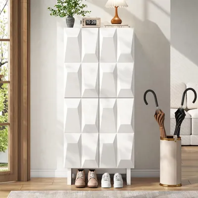 Produktbild von Merax Schuhschrank Sideboard mit 4 Türen und 4 Fächern, Kommode mit verstellbaren Böden, Relief-Front, platzsparend Wohnzimmerschrank, Weiß