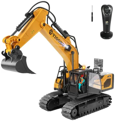 Produktbild von YIGONG 1061 RC Bagger 1:20, 2,4 GHz 11CH, Metall-Schaufel, 360° Drehung, LED-Licht & Sound, ferngesteuertes Baufahrzeug, Gelb