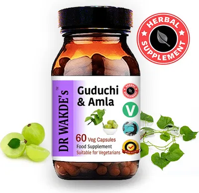 Produktbild von DR WAKDE'S Guduchi & Amla Kapseln | 60 Vegi Caps | Ayurveda-Supplement | Vegan | 100% Kräuter | Mengenrabatte | Am selben Tag Versand