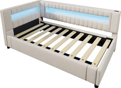 Produktbild von Flieks Hydraulisches Polsterbett 90x200cm mit USB & TYPE-C, Schlafsofa Tagesbett mit LED, Jugendbett Einzelbett mit Stauraum, Leinen, Beige