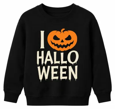 Productafbeelding van Ik ben dol op Halloween, pompoenen, griezelen, spookachtige feestjes. Zwart kinder-sweatshirt/trui, maat 116