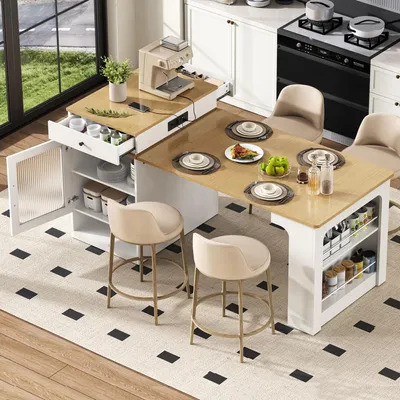 A kitchen island with an extendable table and bar stools in a modern kitchen setting.