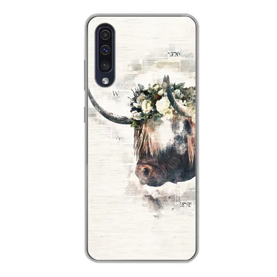 Produktbild von MuchoWow® Handyhülle Schutzhülle Hülle für Samsung Galaxy A50 Schottischer Highlander - Rauch - Blumen Silikon Softcase Handy Hülle - Mobiltelefonhülle