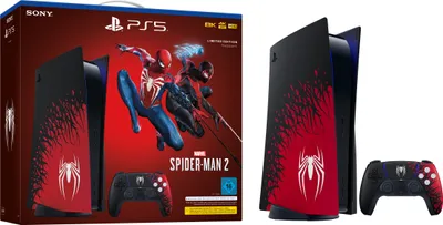 Produktbild von Sony Playstation\u00ae5 Spielkonsole Limited Edition, Marvel\u2019s Spider-Man 2 (digitale Version mit Gutschein), Schwarz, H 104mm, L 39cm, Abwärtskompatibilität (PS4), Game Boost, Ultraschnelle SSD
