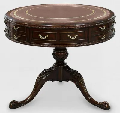 Produktbild von Casa Padrino Luxus Barock Beistelltisch Braun / Gold Ø 91 x H. 76 cm - Runder Mahagoni Tisch mit 14 Schubladen und Echtleder - Barock Mahagoni Möbel