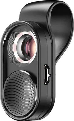 A close-up studio shot of a black smartphone microscope attachment with a clip.