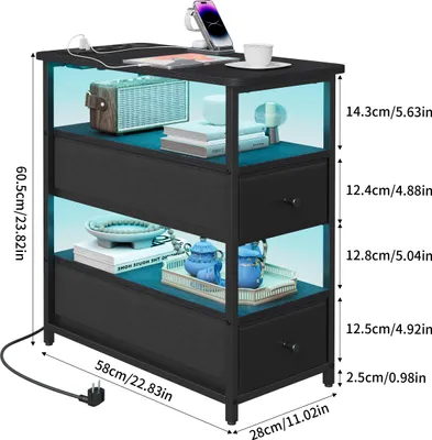 Image de Table de nuit, avec lampes LED et station de recharge, table d'appoint avec 2 tiroirs et étagères, avec prises USB & prises de courant, pour chambre à coucher, salon, noir