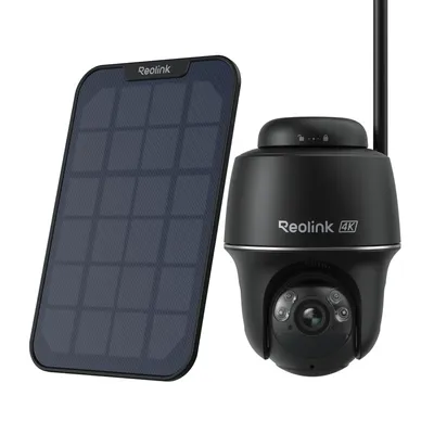 A black Reolink 4K security camera and its solar panel are displayed against a white background.