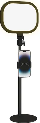 A black ring light with a phone holder attached to the stand, against a white background.