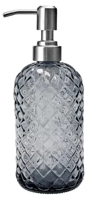Image de Distributeur de savon en verre de 400 ml avec pompe en acier inoxydable, flacon gris pour shampoing et lotion liquides, distributeur de savon pour les mains et de liquide vaisselle pour la salle de bains, la cuisine, le plan de travail et la buanderie.