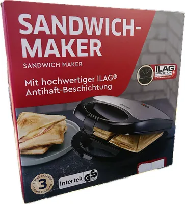 Produktbild von Sandwich-Maker 700 Watt Sandwichtoaster, Sandwichmaker, mit hochwertiger ILAG-Antihaft-Beschichtung, verschliessbarer Griff