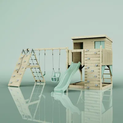 Produktbild von OutdoorToys Spielturm Aksel aus Holz in Grün Mintgrün, mit Babyschaukel