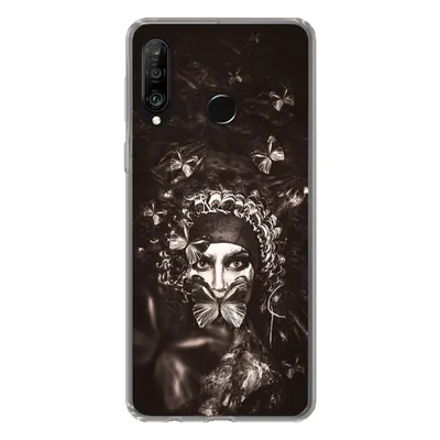 Produktbild von MuchoWow® Handyhülle Schutzhülle Hülle für Huawei P30 Lite Frau - Schmetterling - Schwarz - Weiß Silikon Softcase Handy Hülle - Handyhülle