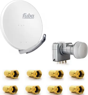 A satellite dish, LNB, and F-connectors are displayed against a white background.
