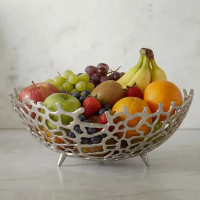 Obrázek produktu pro Elegantní ovocná mísa, kulatý tvar, stříbrná barva, kov, průměr 46 cm. Moderní ovocný košík s podstavou z hliníku. Stylová dekorativní mísa z hliníku, ručně vyrobený ovocný košík