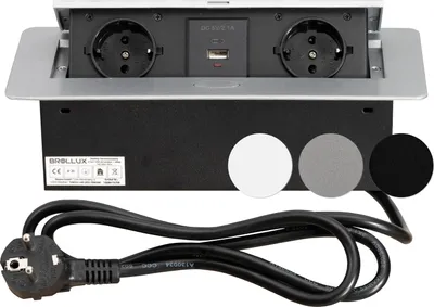 Produktbild von BROLLUX Einbausteckdose versenkbar 2fach mit USB/USBC Silber mit Softöffnung Aluminium Spritzguss 1,5m Anschlusskabel Steckdose