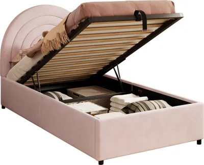 Produktbild von Kinderbett mit Stauraum und Kopfteil, 90x200 cm, Polsterbett mit Lattenrost, Einzelbett, Samt