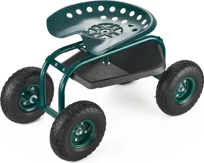 A green garden seat with four wheels and a storage tray is shown against a white background.