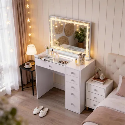 Image de Coiffeuse avec Miroir LED Bluetooth, 6 Tiroirs Blanc 92 x 55 x 139 cm