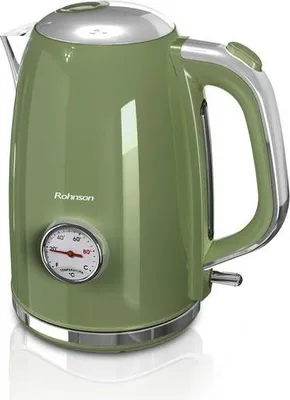 A green Rohnson electric kettle with a built-in thermometer is shown against a white background.