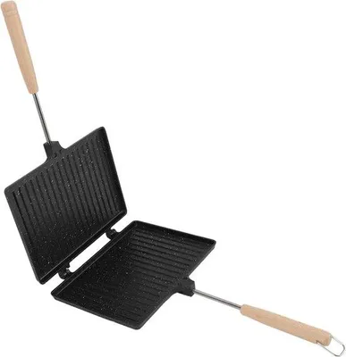 Produktbild von Doppelseitige Sandwichbrötchenrost mit Holzgriff - Frühstückssandwichgrill - Antihaftbeschichtung - Invert-Pan - Hausküche