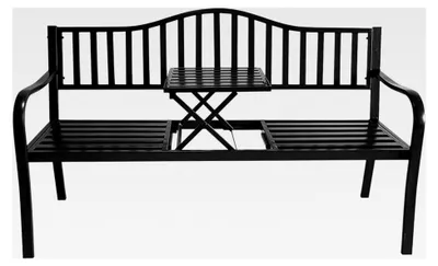 Produktbild von Metall Gartenbank mit integriertem Tisch - 150 x 56 cm - 2in1 Sitzbank schwarz pulverbeschichtet - Parkbank mit Klapptisch für Garten Balkon Terrasse 450kg Belastbarkeit wetterfest