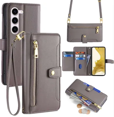 A collage of images showcasing a gray leather wallet-style phone case with a detachable strap and card slots.