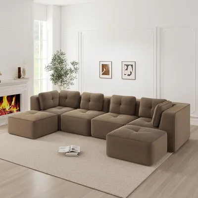Produktbild von Cordstoff-U-förmiges Modulsofa mit Ottoman, rahmenlos, Tiefensitz, 386 x 177 x 69 cm, Braun